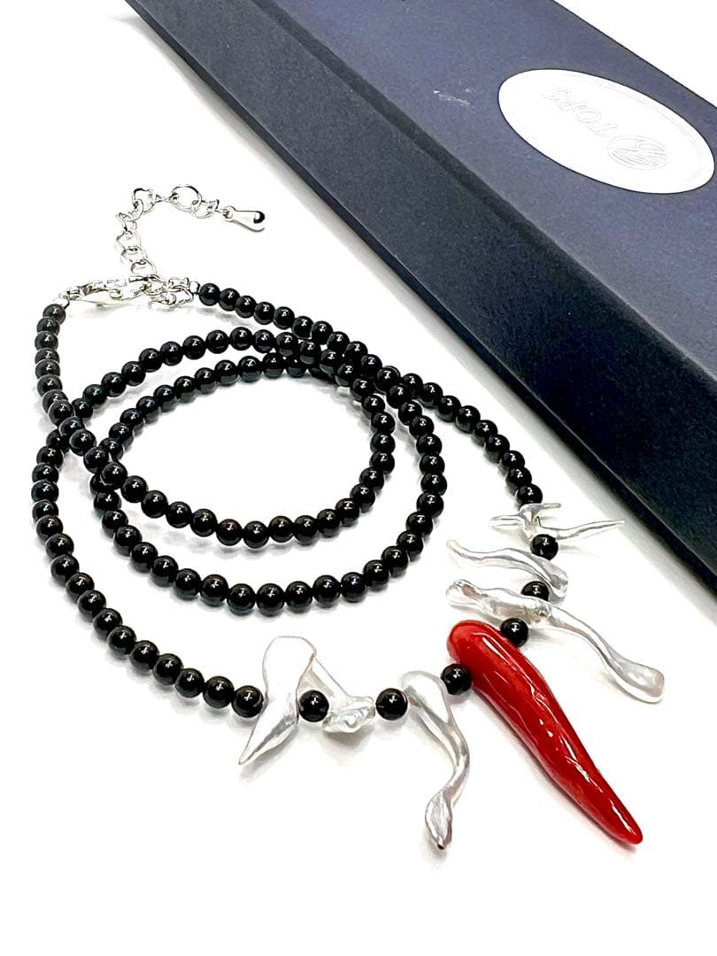 Akoya pearl paste necklace with Italian coral and black tourmaline beads, 42-47mm length