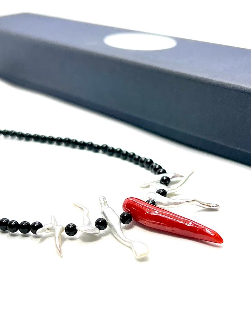 Akoya pearl paste necklace with Italian coral and black tourmaline beads, 42-47mm length
