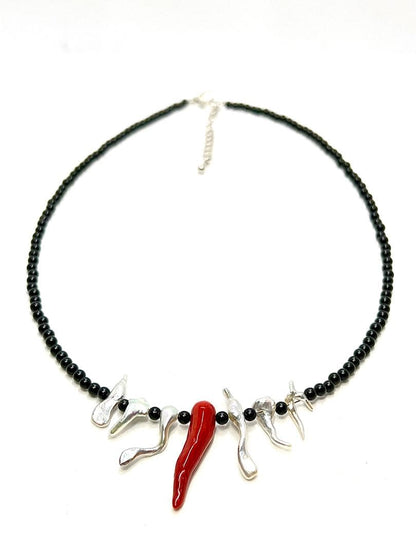 Akoya pearl paste necklace with Italian coral and black tourmaline beads, 42-47mm length
