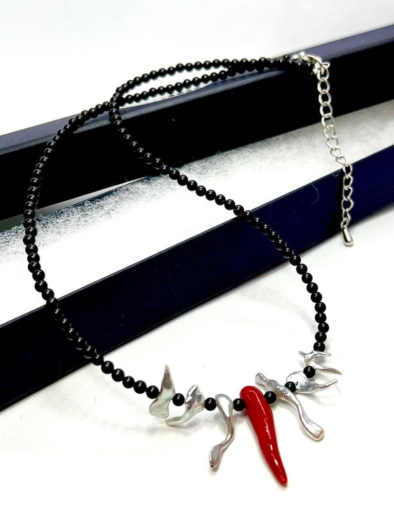 Akoya pearl paste necklace with Italian coral and black tourmaline beads, 42-47mm length