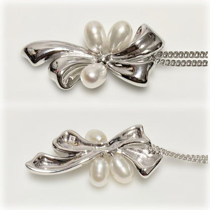 TASAKI vintage pearl necklace with ribbon design featuring genuine pearls on a 925 silver chain