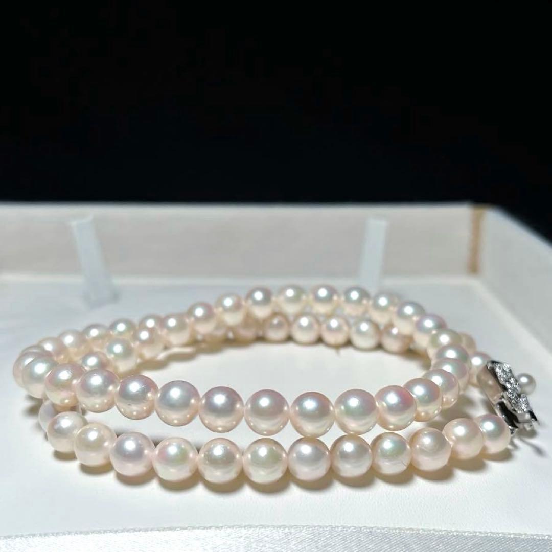 Akoya pearl Hanadama grade necklace 6.5-7.0mm round white pearls with silver chain, 42.5cm length