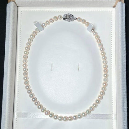 Akoya pearl Hanadama grade necklace 6.5-7.0mm round white pearls with silver chain, 42.5cm length