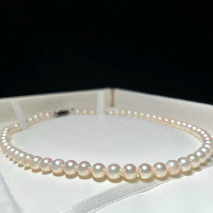 Akoya pearl Hanadama grade necklace 6.5-7.0mm round white pearls with silver chain, 42.5cm length