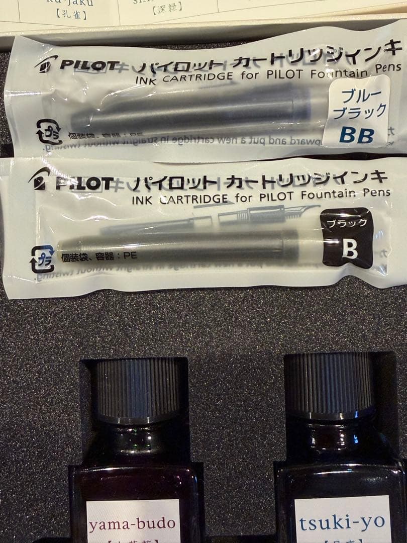 Pilot PRERA Special Edition fountain pen set with two pens, blue and red ink bottles, cartridges, and special box