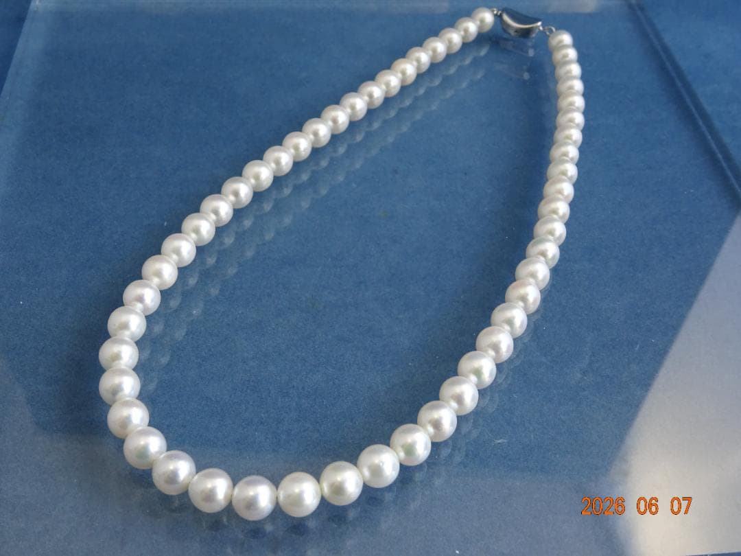 Akoya pearl necklace featuring almost round 7.5-8mm white, pink, blue, and cream pearls with silver clasp