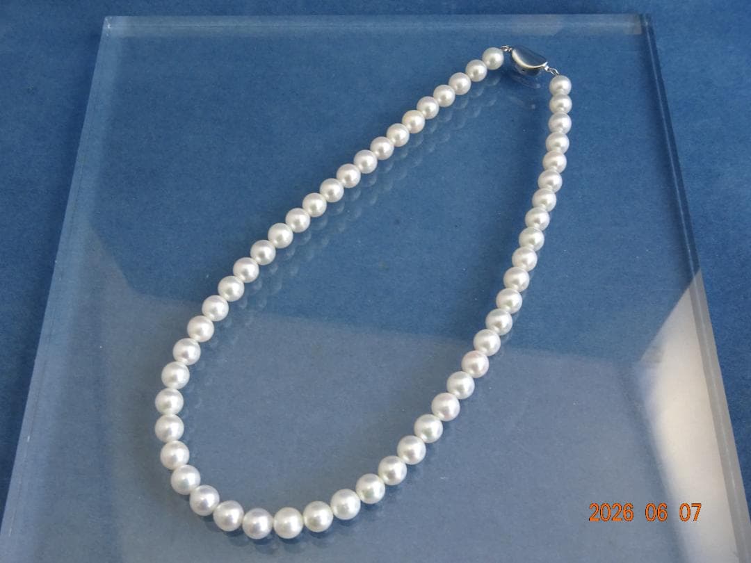 Akoya pearl necklace featuring almost round 7.5-8mm white, pink, blue, and cream pearls with silver clasp