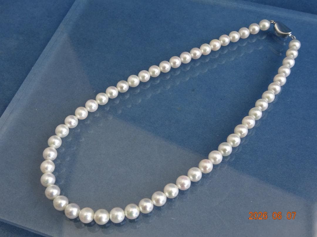Akoya pearl necklace featuring almost round 7.5-8mm white, pink, blue, and cream pearls with silver clasp