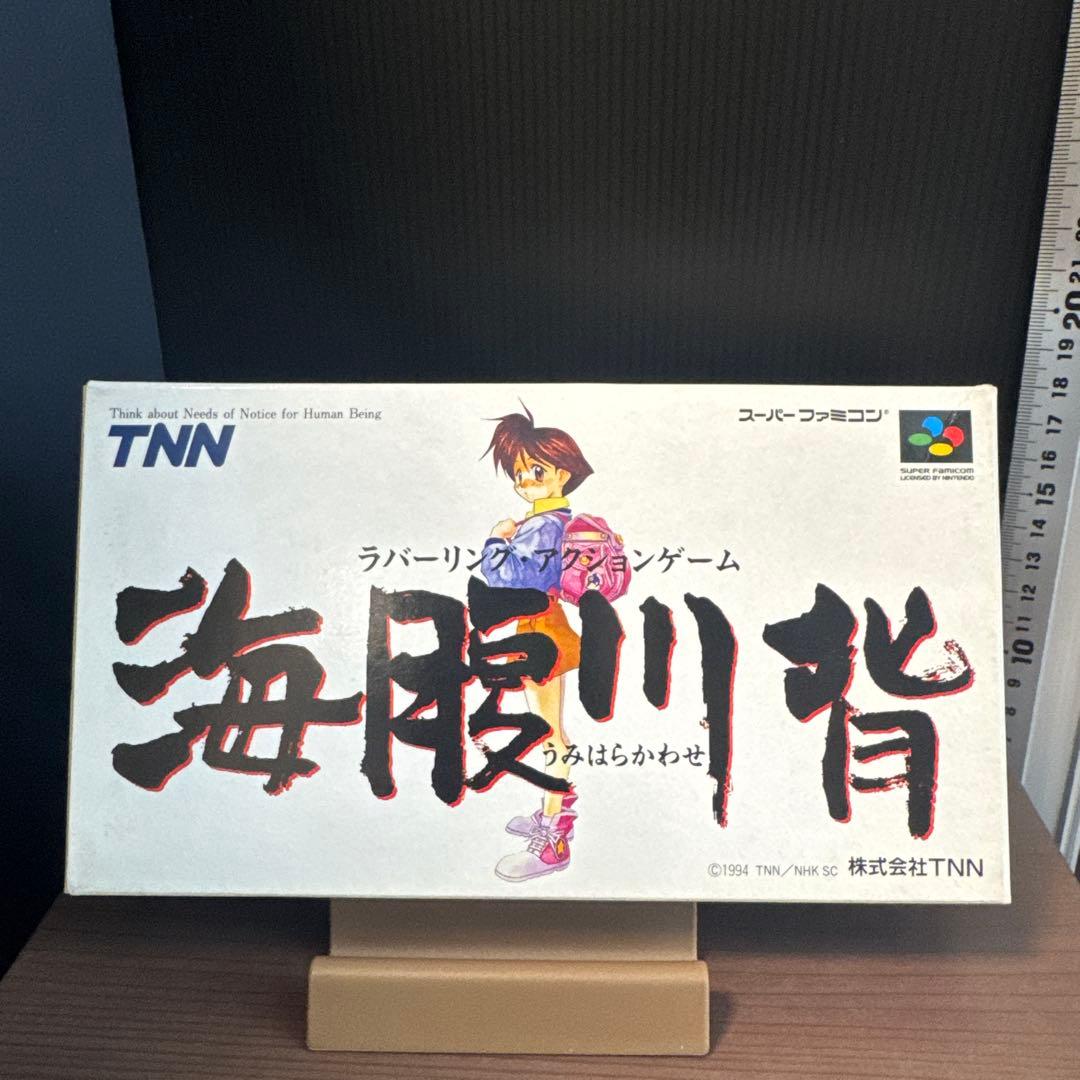 Super Famicom game Umi Hiragai Kawa Se cartridge with box showing wear and tear