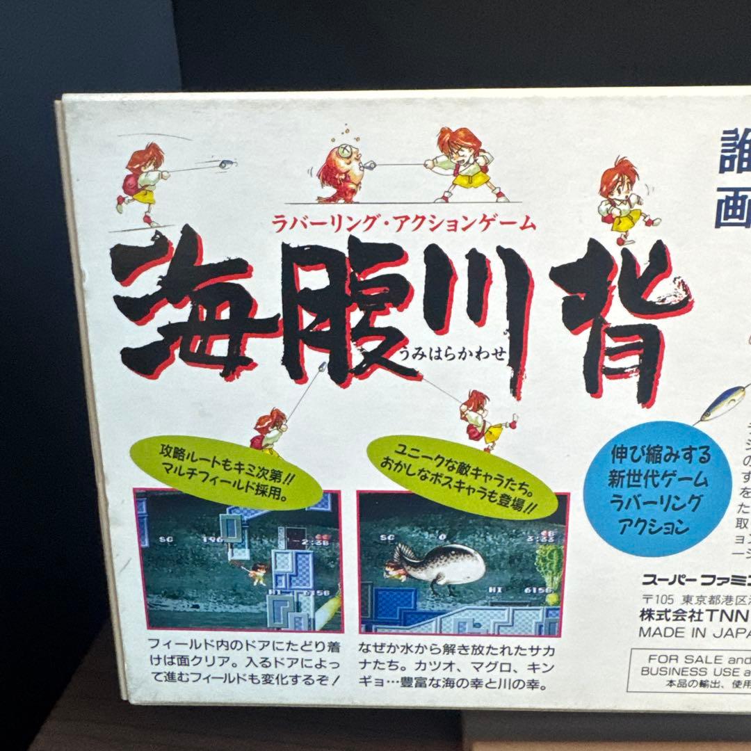 Super Famicom game Umi Hiragai Kawa Se cartridge with box showing wear and tear