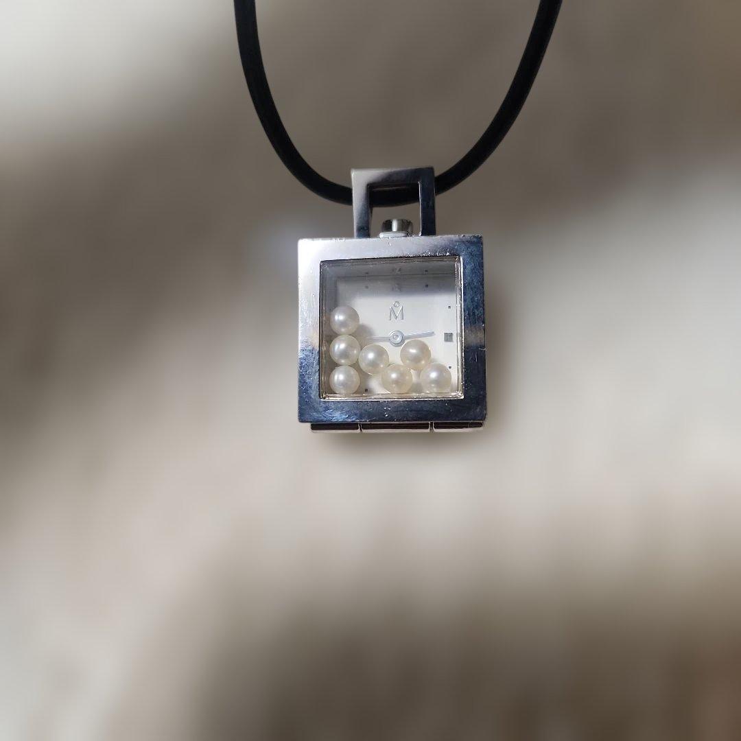 Mikimoto battery operated pendant watch necklace featuring 7 genuine pearls and square design model D1259