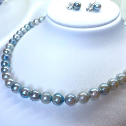 Akoya pearl necklace with silver gray bluish tint semi-round pearls measuring 7.5 to 8 millimeters on a 41.5 cm chain
