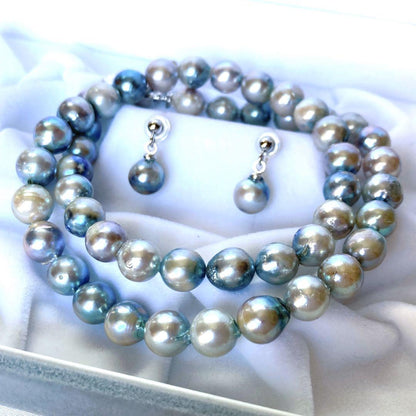 Akoya pearl necklace with silver gray bluish tint semi-round pearls measuring 7.5 to 8 millimeters on a 41.5 cm chain