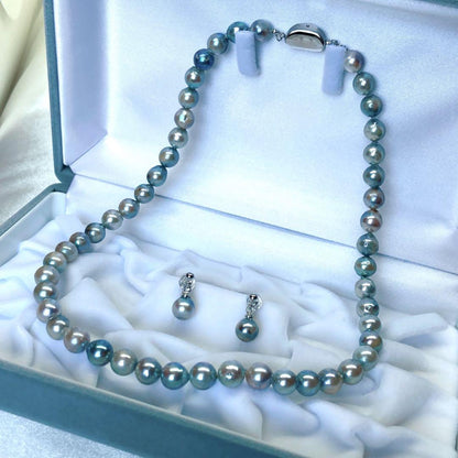 Akoya pearl necklace with silver gray bluish tint semi-round pearls measuring 7.5 to 8 millimeters on a 41.5 cm chain