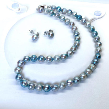 Akoya pearl necklace with silver gray bluish tint semi-round pearls measuring 7.5 to 8 millimeters on a 41.5 cm chain