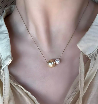 K18YG gold necklace featuring 9-10mm golden and 6-7mm Akoya pearls with 45cm chain