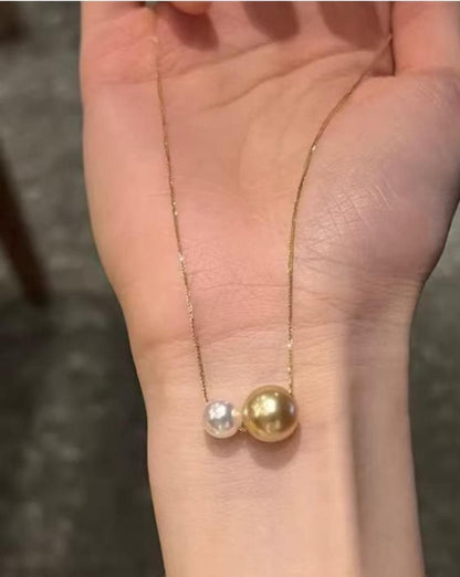 K18YG gold necklace featuring 9-10mm golden and 6-7mm Akoya pearls with 45cm chain
