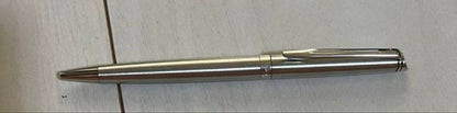 Silver Waterman ballpoint pen with sleek metallic finish shown with its outer box