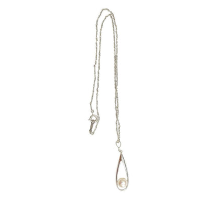 Mikimoto 1P pearl necklace with 6.8mm pearl and 40cm silver chain on white background