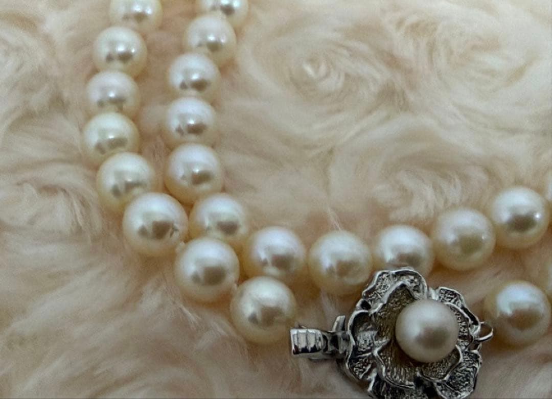 Honest Tsubamaki Akoya pearl necklace with 6.5mm pearls and strong shine on a white background