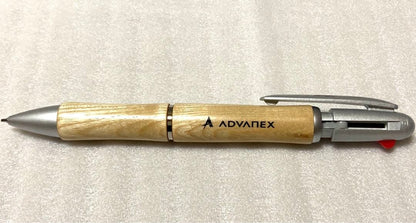 PILOT JustMeet wooden multi-function pen with three colors and mechanical pencil on a white background