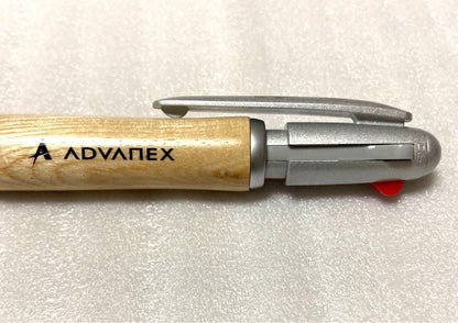 PILOT JustMeet wooden multi-function pen with three colors and mechanical pencil on a white background