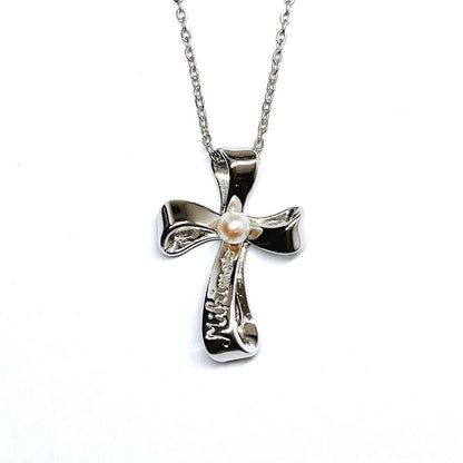 MIKIMOTO pearl necklace with 3.8mm pearls and silver cross ribbon on a 40cm chain