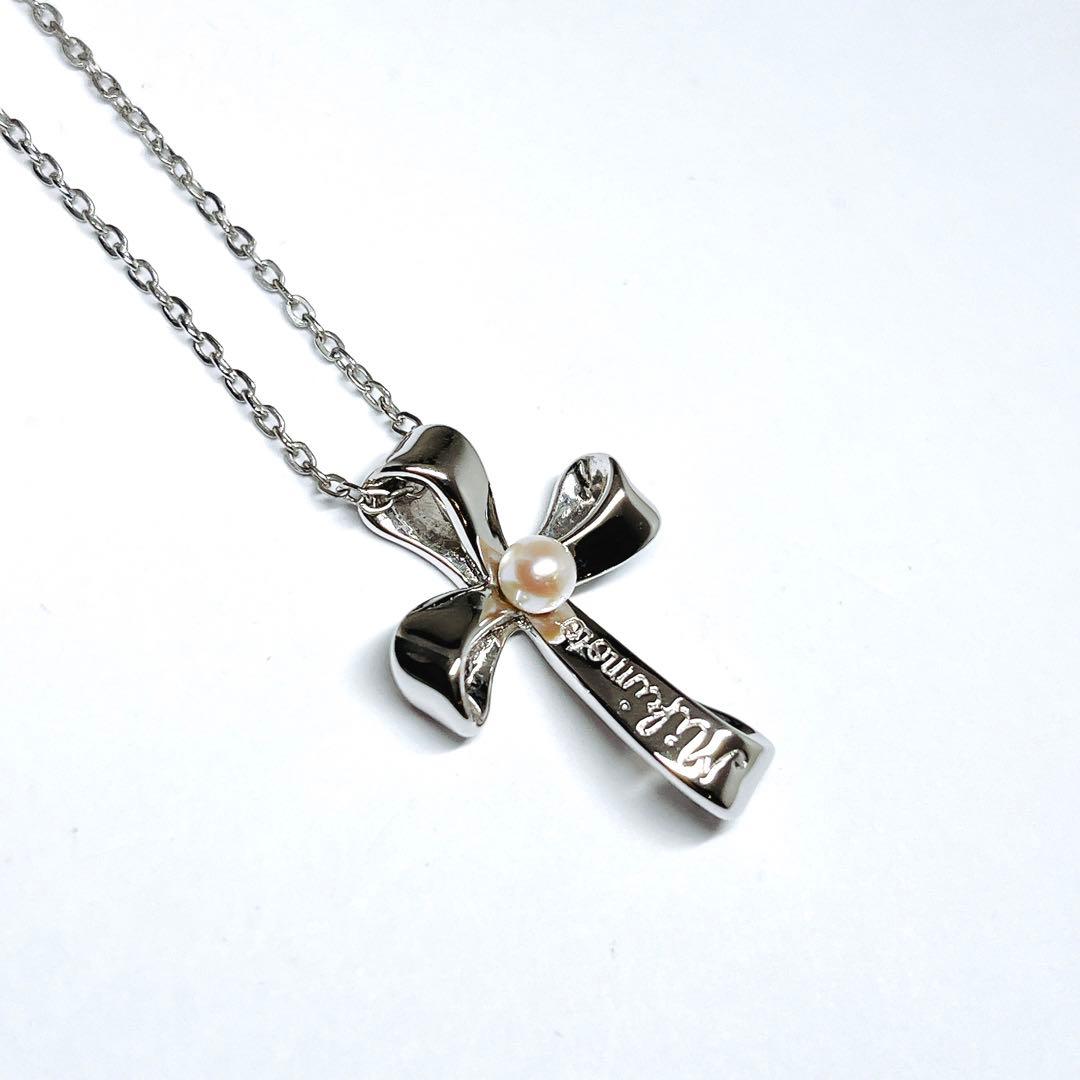 MIKIMOTO pearl necklace with 3.8mm pearls and silver cross ribbon on a 40cm chain