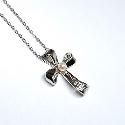 MIKIMOTO pearl necklace with 3.8mm pearls and silver cross ribbon on a 40cm chain