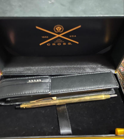 CROSS ballpoint pen in black with silver accents shown with box and protective case