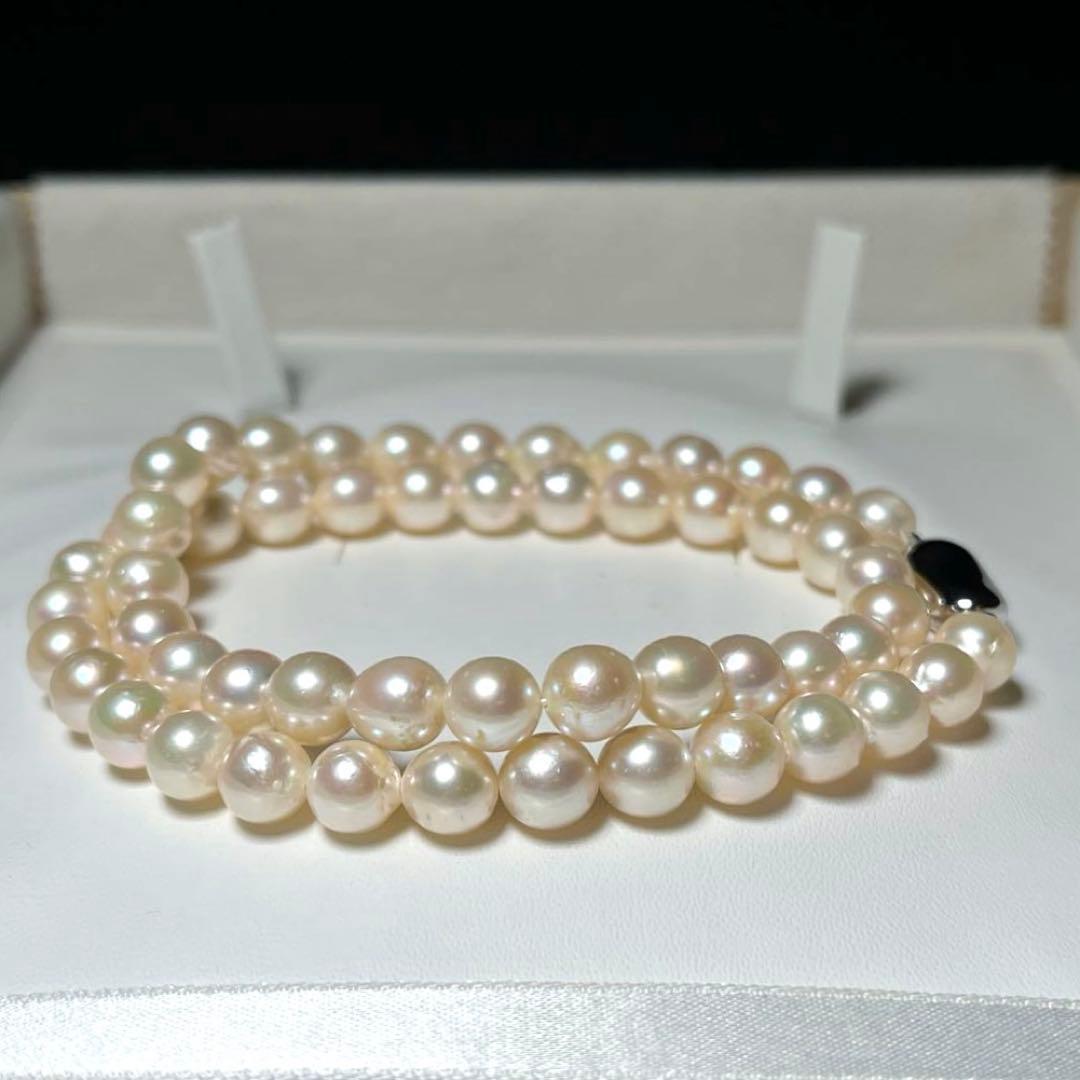 Akoya pearl necklace with 7.1-7.4mm semi-round white pearls and silver chain, 43cm length