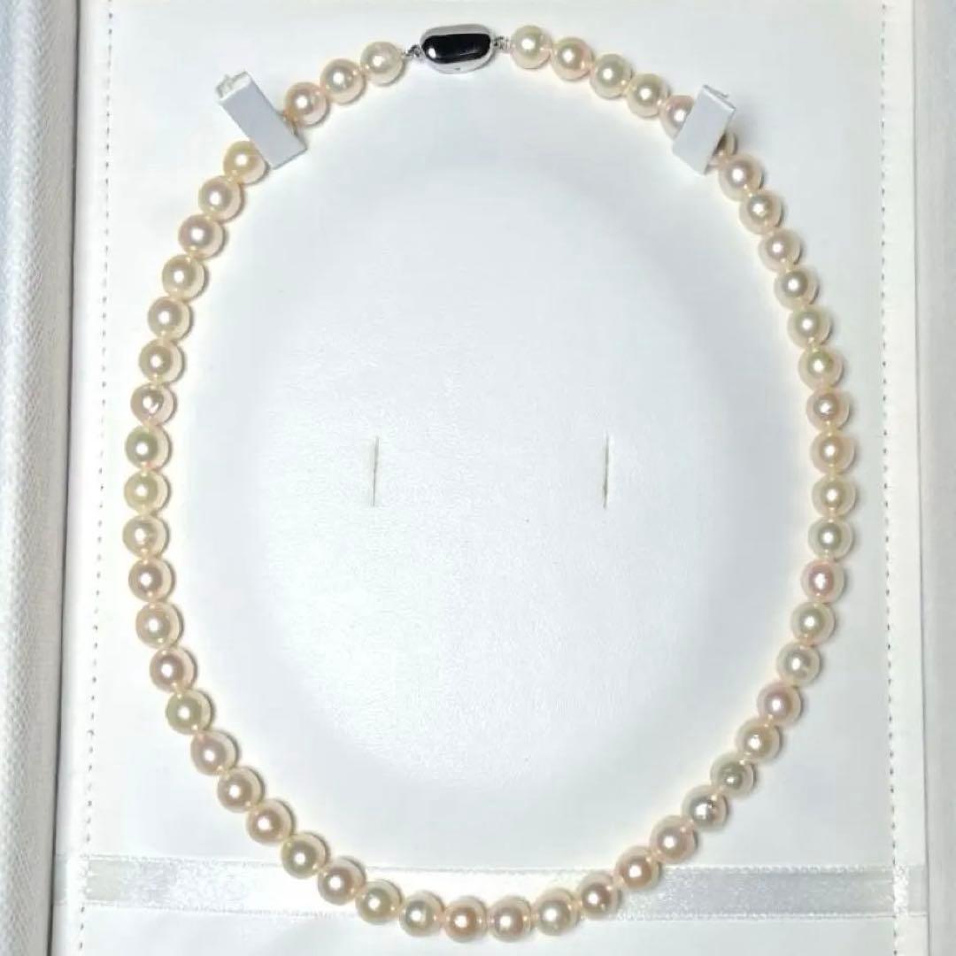 Akoya pearl necklace with 7.1-7.4mm semi-round white pearls and silver chain, 43cm length