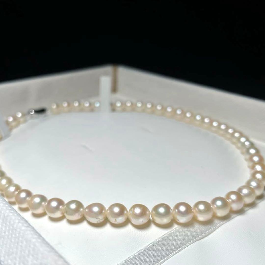 Akoya pearl necklace with 7.1-7.4mm semi-round white pearls and silver chain, 43cm length