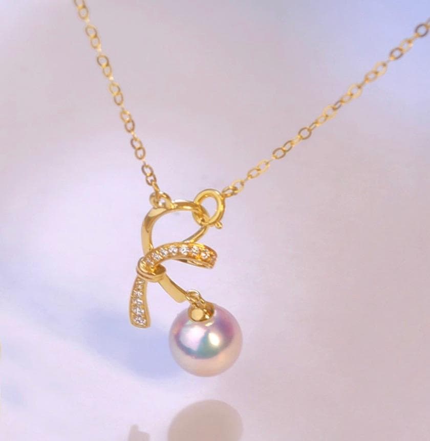 K18YG Akoya pearl necklace pendant with zirconia stones and 40+5 cm gold chain