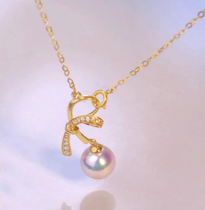 K18YG Akoya pearl necklace pendant with zirconia stones and 40+5 cm gold chain