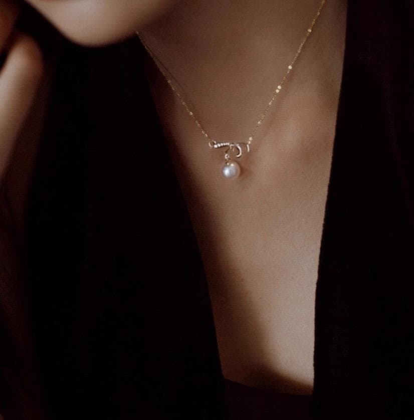 K18YG Akoya pearl necklace pendant with zirconia stones and 40+5 cm gold chain
