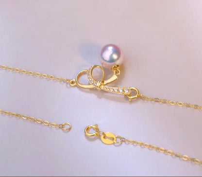 K18YG Akoya pearl necklace pendant with zirconia stones and 40+5 cm gold chain