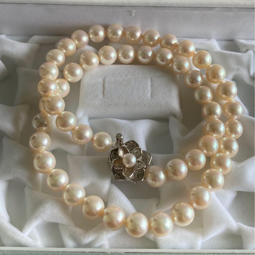 Cream color Akoya pearl necklace with 8-8.5mm pearls and silver clasp, 45cm length