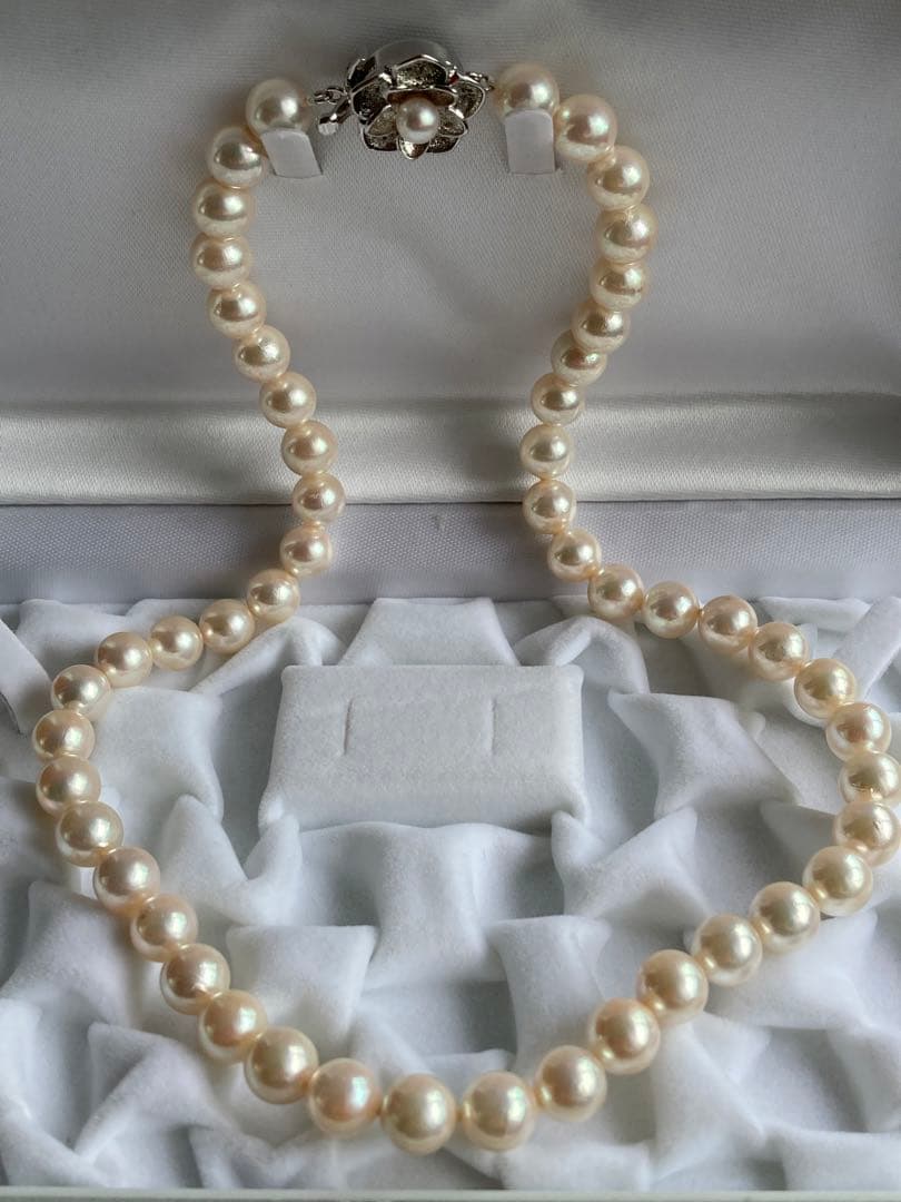 Cream color Akoya pearl necklace with 8-8.5mm pearls and silver clasp, 45cm length