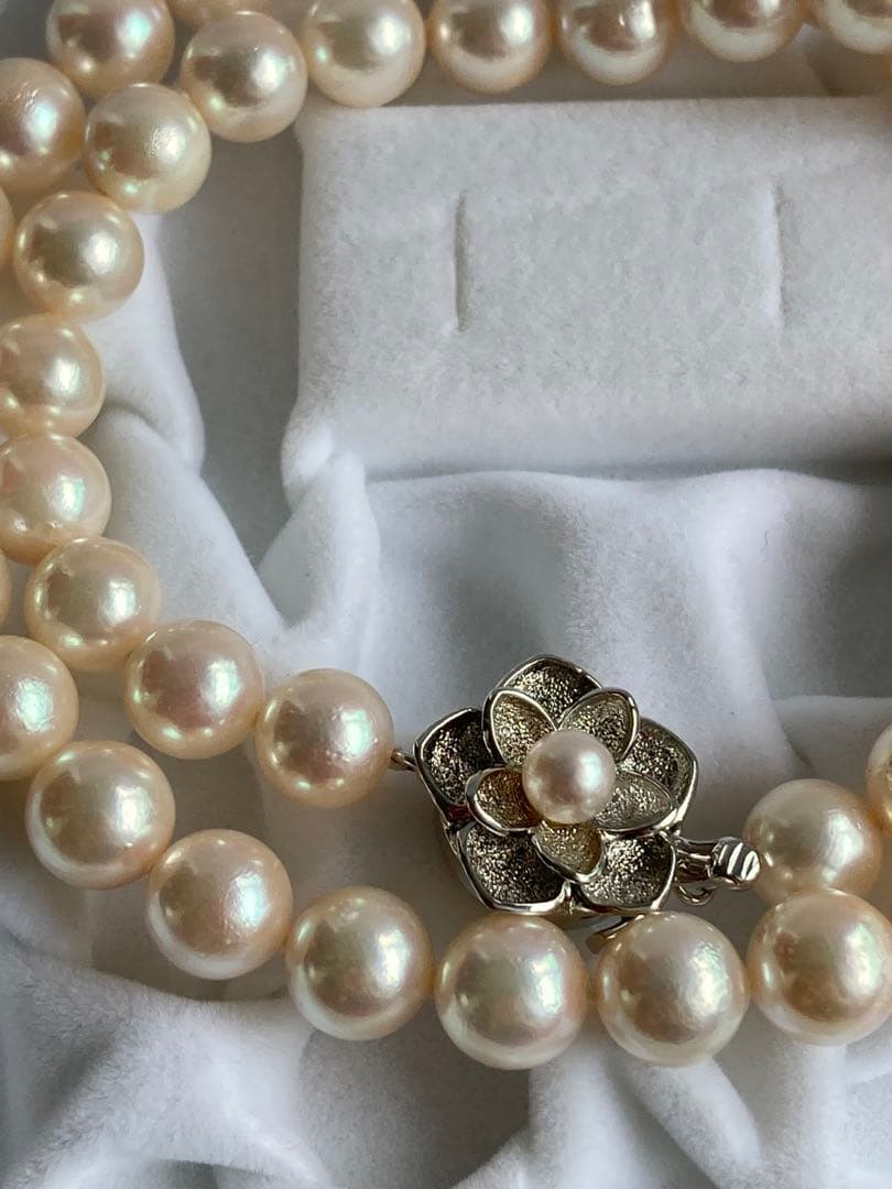 Cream color Akoya pearl necklace with 8-8.5mm pearls and silver clasp, 45cm length