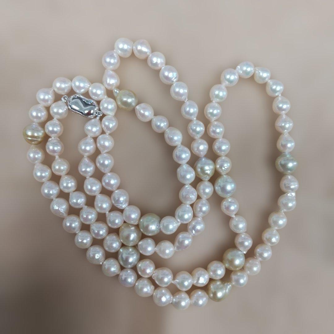Aoyama Akoya 90cm long baroque pearl necklace with white and yellow pearls and silver clasp