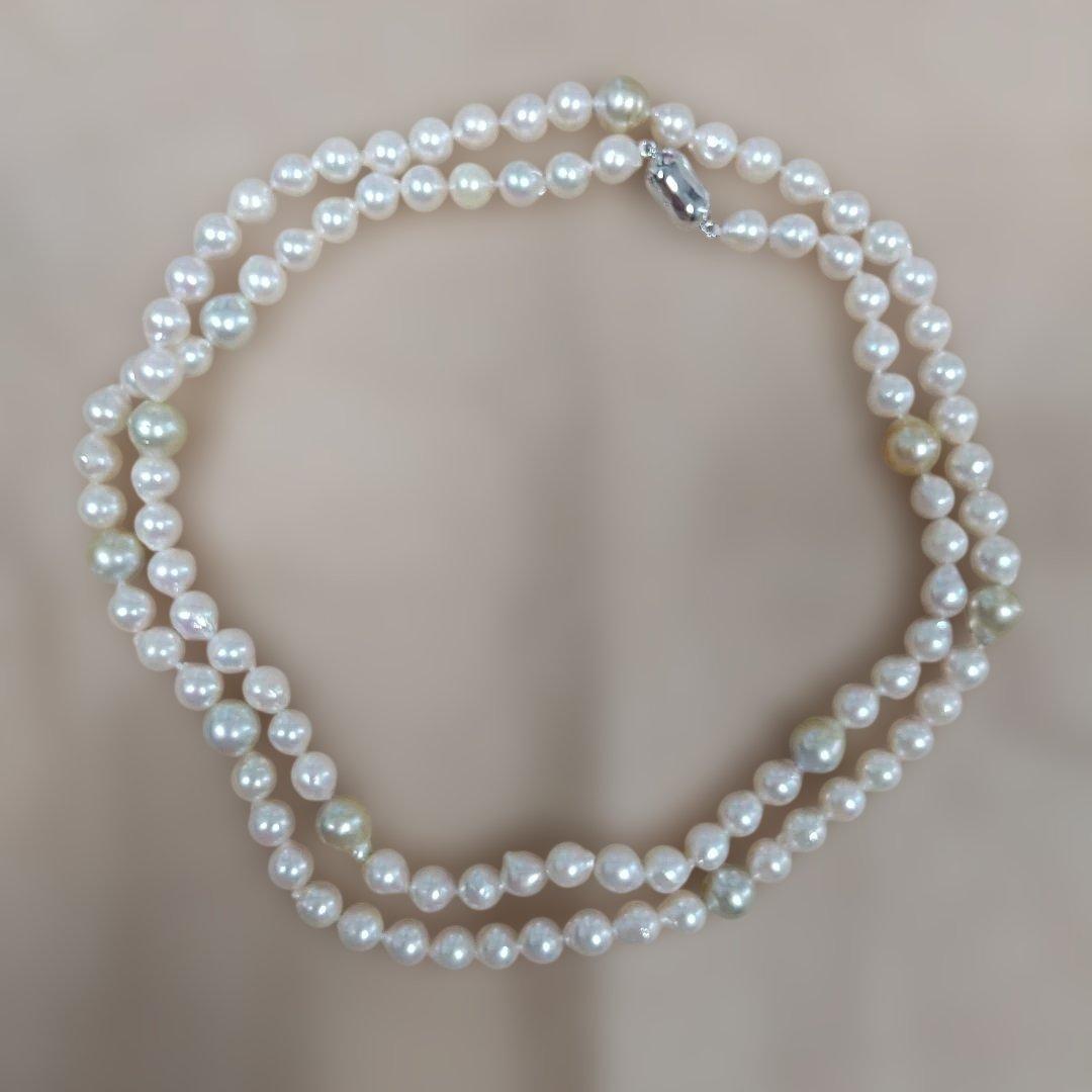 Aoyama Akoya 90cm long baroque pearl necklace with white and yellow pearls and silver clasp