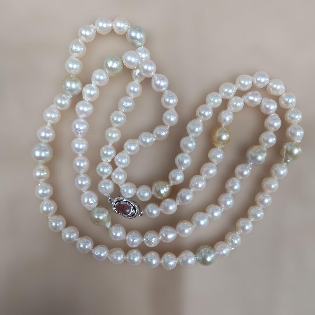 Aoyama Akoya 90cm long baroque pearl necklace with white and yellow pearls and silver clasp