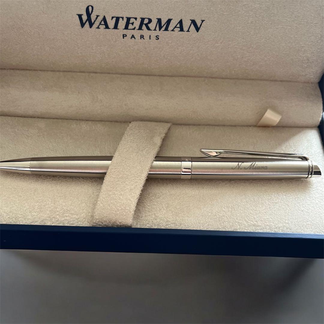 Waterman Metropolitan Basic ballpoint pen in stainless steel silver with customized name engraving on the barrel