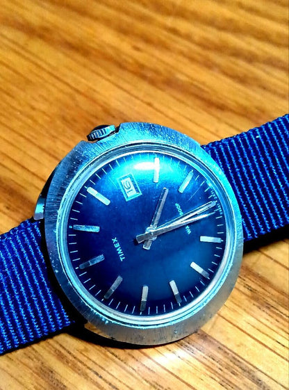 TIMEX Dark Navy Dial Elliptical Date Hand-wind Manual Men's Watch — Japanese