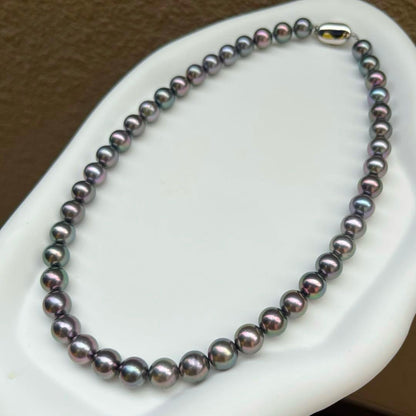 Akoya genuine pearl necklace with black pearls showing slight red hue, 9-9.5mm, 43cm length with case