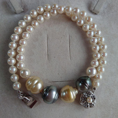44cm necklace with large 15mm baroque South Sea pearl and 6-8mm Akoya pearls showcasing natural blemishes and luster