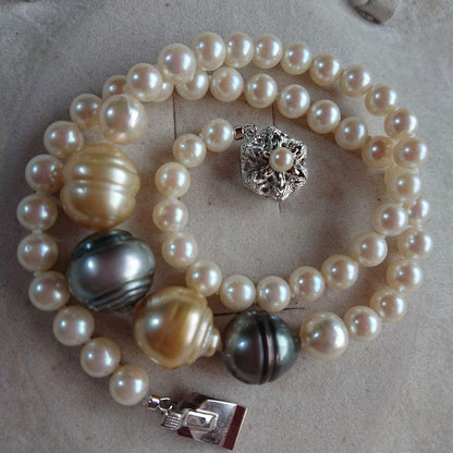 44cm necklace with large 15mm baroque South Sea pearl and 6-8mm Akoya pearls showcasing natural blemishes and luster