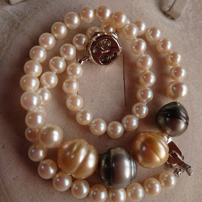 44cm necklace with large 15mm baroque South Sea pearl and 6-8mm Akoya pearls showcasing natural blemishes and luster