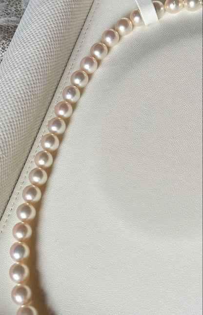 Hana-dama grade Akoya natural pearl necklace with 8.0-8.5mm pink rose pearls and silver clasp